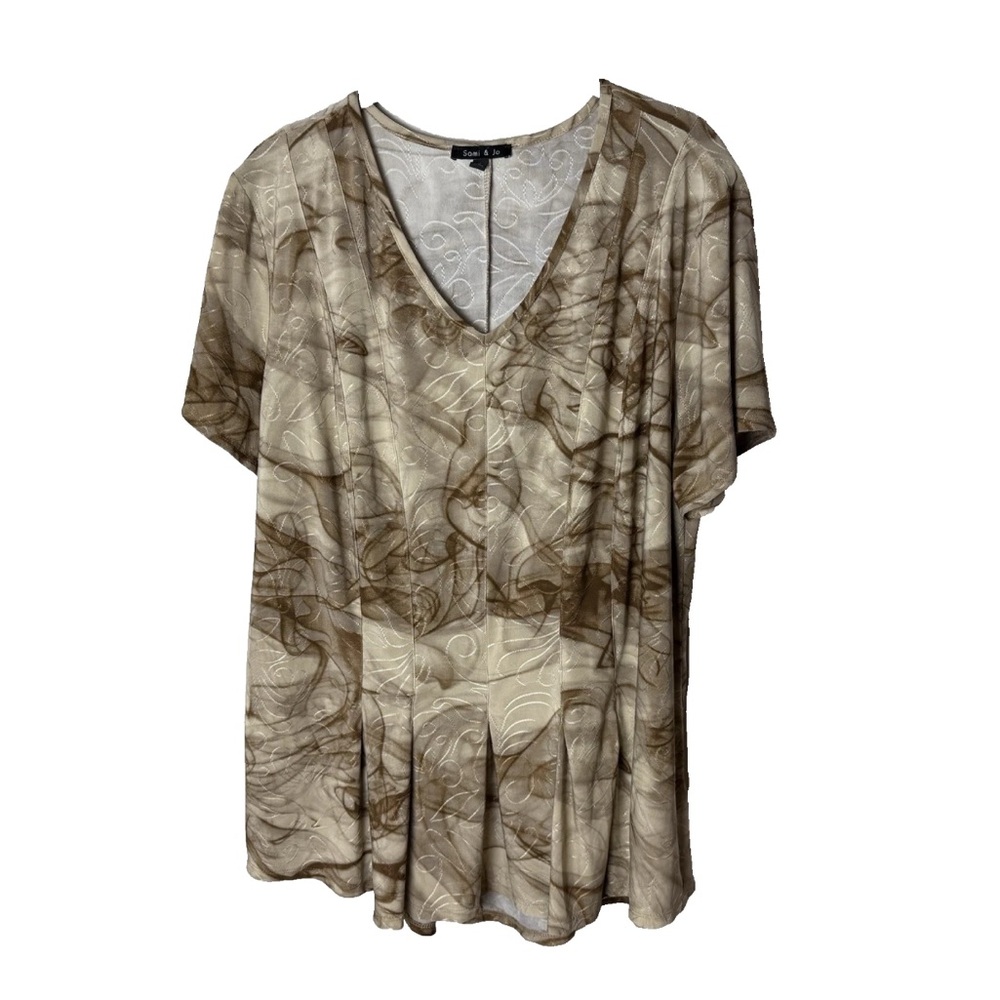 Sami & Jo Blouse Size XL Top V-Neck Short Sleeves Stretch Embroidered Brown Tan